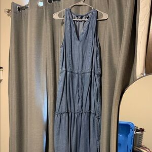 Lands' End Sleeveless Chambray Blue Tiered Maxi Dress